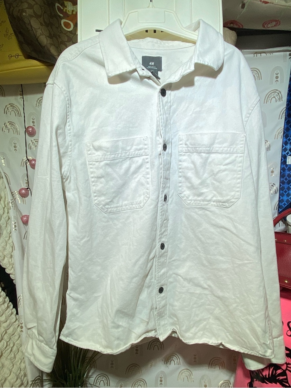 H&M White Lightweight Men's Shirt Jacket with Dark Buttons
